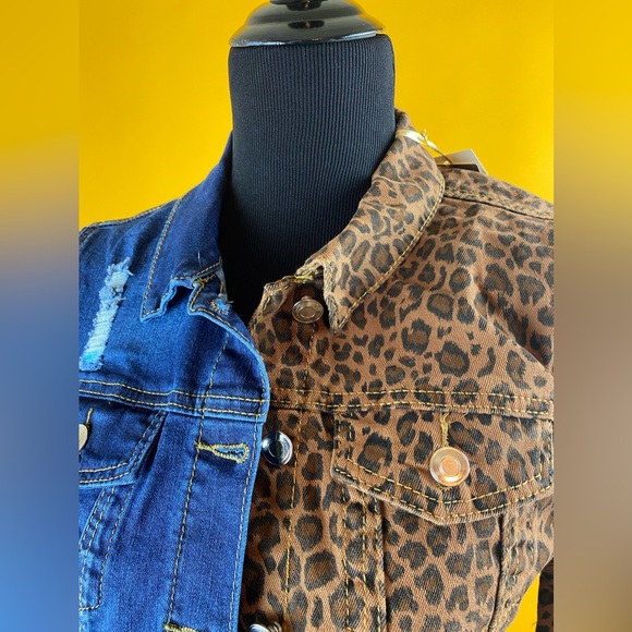 NWT Classic Blue Jeans Half Leopard & Distressed Blue Jean Jacket - Picture 4 of 7